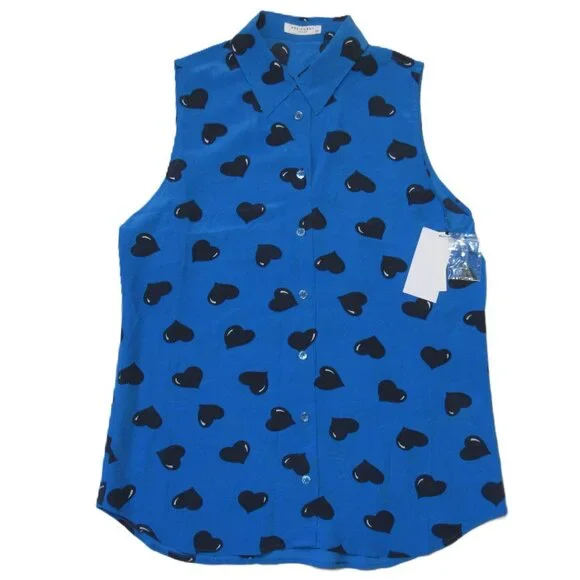 NWT Equipment Colleen in Blue Heart Print Sleeveless Silk Button Down Shirt S - Picture 1 of 5